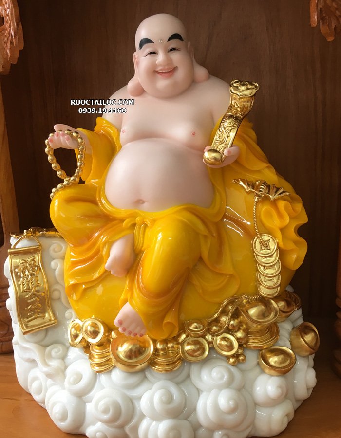 Tượng Phật Di Lặc Ngồi Đứng Màu Vàng Hổ Phách DLBT-008 - Rước Tài Lộc